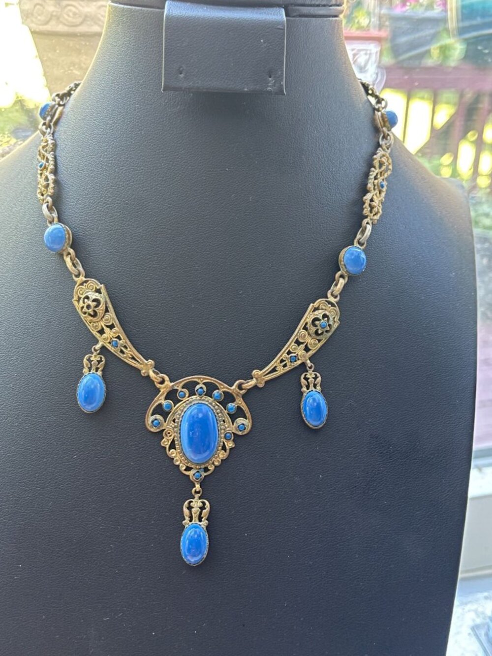Vtg Art Nouveau Blue Glass Stone Gold Tone Necklace Signed Made in France - Picture 12 of 16